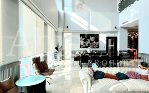 Ruang keluarga luas dan mewah di unit The Pakubuwono Residence 1000m², dilengkapi sofa besar, pencahayaan alami dari jendela lebar, dan desain interior elegan yang nyaman untuk bersantai bersama keluarga.