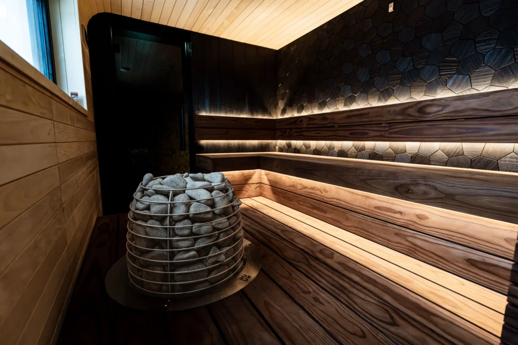 low light and woody ambience room with a basket full of stone