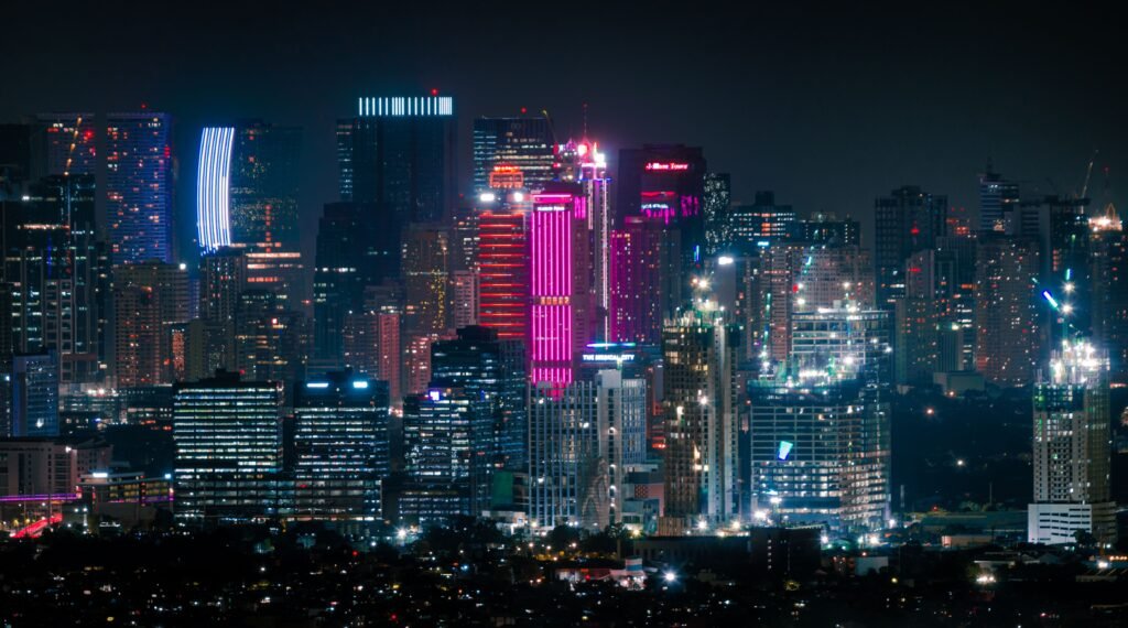 luxury apartment buildings at night