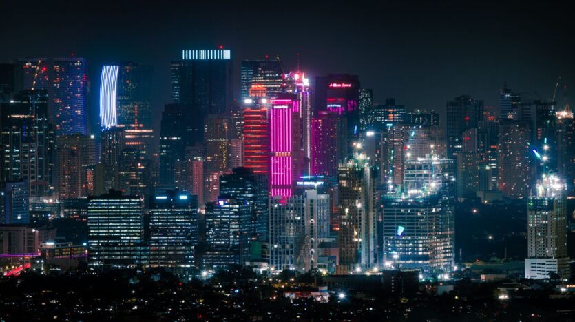 luxury apartment buildings at night