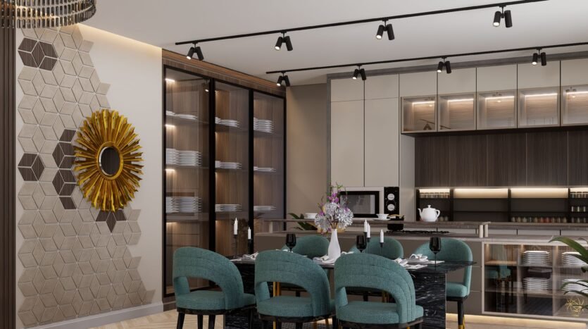 green chairs with table in a luxury room