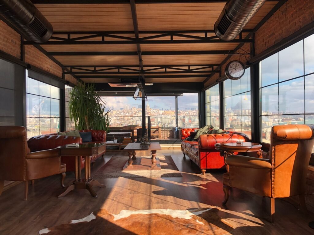 sofas and table with city view